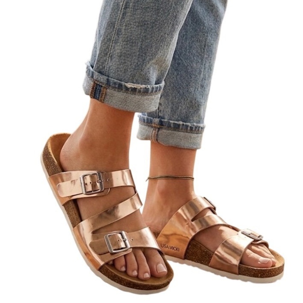 Lisa Vicky Womens Rose Gold Metallic Triple Strap Cork Footbed Sandals Size 6M
